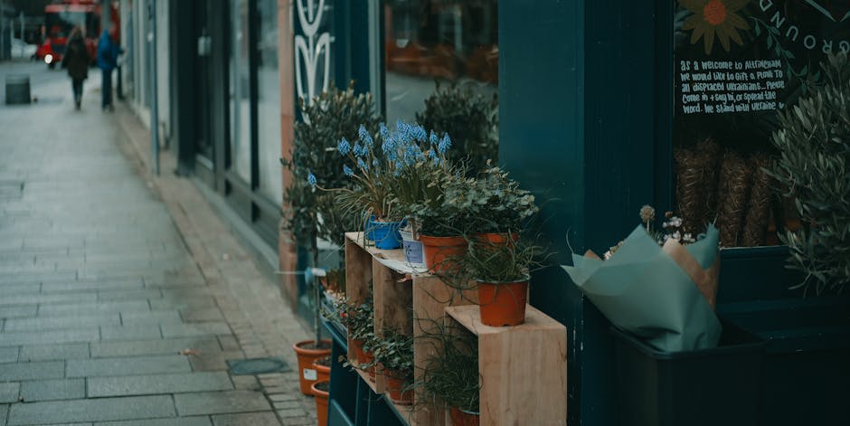 A close-up view of a flower shop's outdoor display in Nunhead, featuring potted plants with lush green foliage and delicate blue flowers arranged on wooden shelves against a dark green facade. The pot