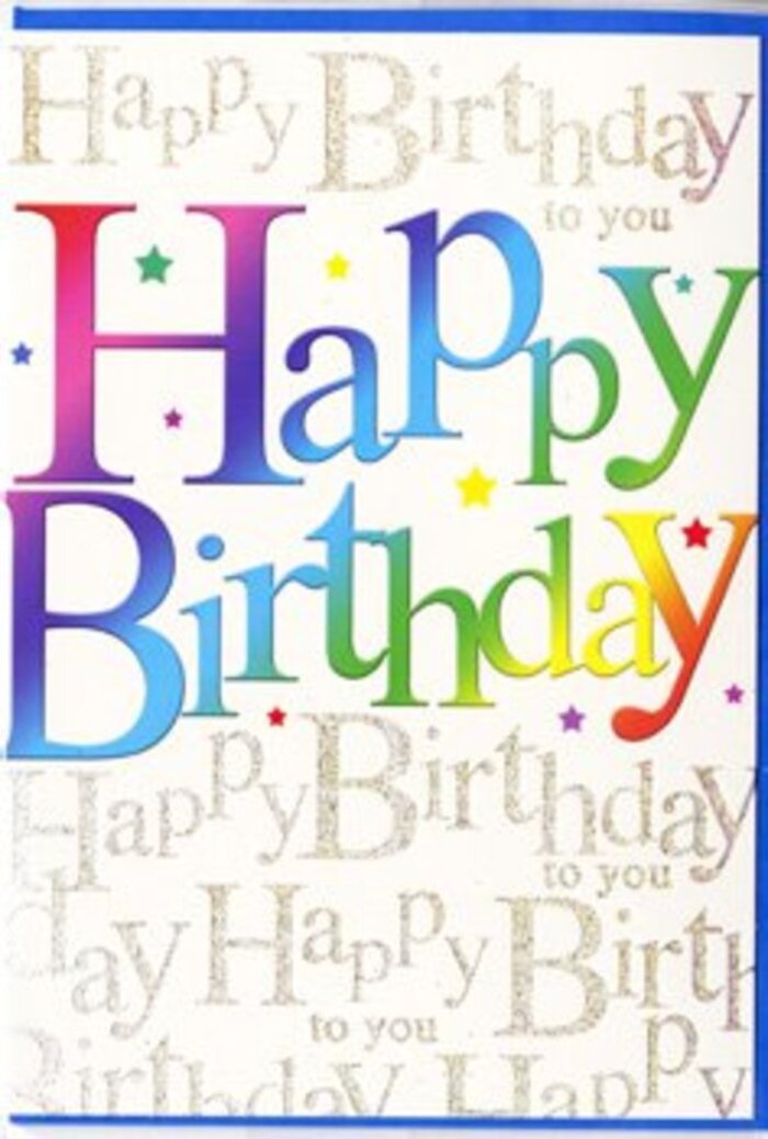 Spread across the front of this birthday card is a jubilant Happy Birthday that looks as if it could have been painted in the air above Nunhead's streets during a festival. Each letter is large, rounded, and softly shaded, with a smooth transition from one intense colour to the next: crimson melts into bright magenta, which eases into tangerine, gold, spring green, turquoise, and royal blue, before settling into a gentle purple. The effect is reminiscent of a carefully curated rainbow bouquet on display in a Nunhead flower shop window, where every stem has been chosen to keep the eye dancing along the line. The surface appears slightly satin in finish, lending a gentle sheen to the colours without making them look glossy or plastic. Behind the bold text, countless lines of fine, looping golden script quietly repeat Happy Birthday to you. The cursive writing is smaller and more delicate, drifting across the card on a soft angle, like a friendly hum of background conversation at a lively birthday gathering in a Nunhead pub garden. Under the light, the metallic gold catches with subtle flashes, recalling the glint of shopfront signs on Evelina Road at dusk. The contrast between the strong, playful main letters and the refined, whisper-like script creates a layered sense of celebration: loud laughter in the foreground, tender sentiment underneath. Here and there, minuscule starry specks and light-catching flecks punctuate the space between words, echoing the feel of confetti settling after a toast. The whole design reads as a warm, modern way to mark a birthday-ideal beside a hand-delivered arrangement, ready to brighten a home anywhere around Nunhead and the surrounding streets.
