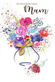 This Mother's Day card artwork radiates the lively charm of a freshly hand-tied bouquet, imagined in fluid watercolour and shimmering with subtle gold. At the centre sits a cluster of lush blooms in rich purples, playful pinks, and radiant cerise-reds, their loose, rounded shapes reminiscent of roses and peonies freshly gathered from a spring garden. Indigo brushstrokes accent the curves of the petals, adding shadow and contrast so the blossoms seem to lift gently from the page. Scattered among them are soft blue and lavender flowers, along with hints of warm apricot and sprigs of green foliage, which soften the palette and echo the gentle colours seen in front gardens around Nunhead and nearby Telegraph Hill. Fine golden accents highlight edges and details, and tiny gold flecks drift across the composition like confetti or pollen caught in sunlight. The bouquet rests in a simple vase with graceful curves, tied at the neck with an elegant golden bow that calls to mind the satisfying crinkle of ribbon as a florist finishes a gift. Around the arrangement, loose splashes of colour and faint heart motifs hover in the white space, creating an airy, celebratory atmosphere without overwhelming the central flowers. The overall feeling is one of joy and heartfelt appreciation, as if someone has captured the emotion of gifting flowers to Mum and poured it into paint. It is a visual expression of love, warmth, and gratitude, fitting for a Mother's Day message shared across Nunhead's close-knit homes and families.