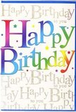The front of this birthday card radiates the same buoyant energy you might feel walking past a row of brightly painted houses and bustling shops near Nunhead Green. Centred on the design, the words Happy Birthday are written in generous, chunky letters that move across the card with a gentle arch, each one filled with a gradient that sweeps through all the colours of a party-ready rainbow. Starting with deep reds and berry tones, the colours flow through juicy oranges, honeyed yellows, fresh greens, cool aquas, and denim blues before ending in rich purples, blending so smoothly that each letter seems to glow from within. The finish looks smooth and slightly silky, suggesting the card would feel soft beneath your fingertips. Behind this vibrant statement, the background is covered in elegantly looping golden script, the phrase Happy Birthday to you repeated like a soft, familiar song. The handwriting is fine and delicate, slanting gently across the card and shimmering when it catches the light, much like sun glinting off parked cars along Nunhead's side streets after a brief shower. This subtle gold layer never overwhelms the main message; instead, it wraps it in warmth, like friends quietly singing along behind the person leading the tune. Tiny dots and flecks of light-reflecting ink peek between letters, giving the impression of scattered confetti or little sparks of joy suspended in mid-air. Crafted in a way that feels both fun and thoughtfully designed, the card would sit beautifully beside a colourful birthday bouquet delivered locally in Nunhead, turning a simple greeting into a full-hearted celebration.