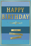 A beautifully composed birthday card rests upright, its design centred around a serene sequence of blue stripes that sweep horizontally across the front, resembling layers of sky over the rooftops of Nunhead. The colours drift from a misty, pale blue at the top to richer teal and then to a confident navy at the base, each band subtly blended so the transitions feel smooth and unhurried. Over this tranquil backdrop, the greeting HAPPY BIRTHDAY is presented in prominent, embossed gold capital letters, gleaming softly like afternoon sunlight on a brass door plaque. Nestled directly beneath the main message, a graceful golden flourish curves and loops across the width of the card, hinting at traditional stationery designs and giving the layout a sense of polished refinement. Three slim, neatly stacked gold banners are positioned below this flourish, each one carefully aligned and carrying a portion of the sentiment: Relax, have a great day and enjoy! The gold elements appear slightly raised and glossy, catching the light and adding a tangible richness that contrasts gently with the matte, velvety finish of the blue stripes. A fine gold border encloses the entire front, framing the composition much like the tidy outlines of the terraced houses lining Nunhead's residential streets. The card seems to sit in soft, natural light, as if placed beside a cluster of birthday flowers and perhaps a small gift, waiting to be discovered on a calm morning. Overall, it conveys a mood of easygoing celebration and quiet affection, inviting the recipient to slow down, smile, and sink into the pleasure of being thoughtfully celebrated.